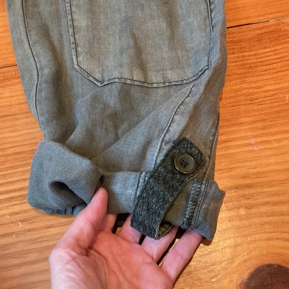 HEI HEI Petite 25P Washed Army Green Roll Cuff Crochet Pants 100% Linen Anthro - Picture 4 of 10